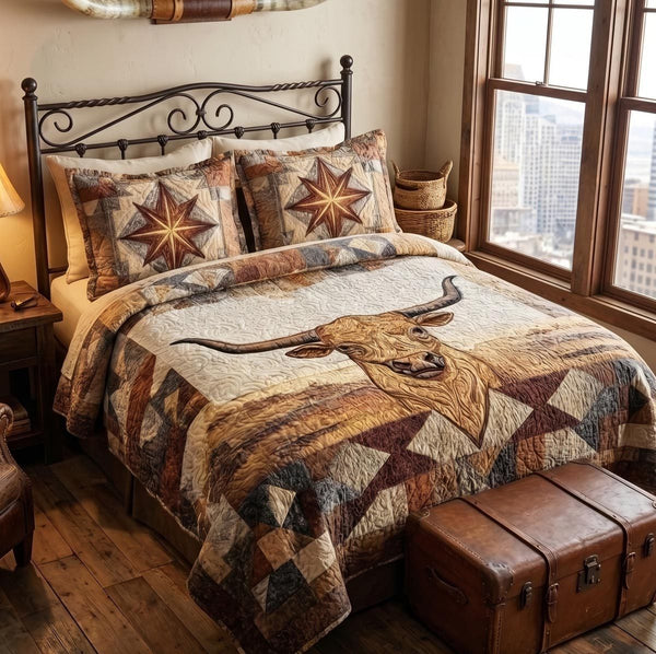 Longhorn Legacy quilted 3-piece bedding set on a made bed in a rustic timber bedroom