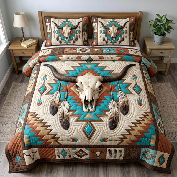 Longhorn Skull quilted 3-piece bedding set on a made bed against a dark styled interior