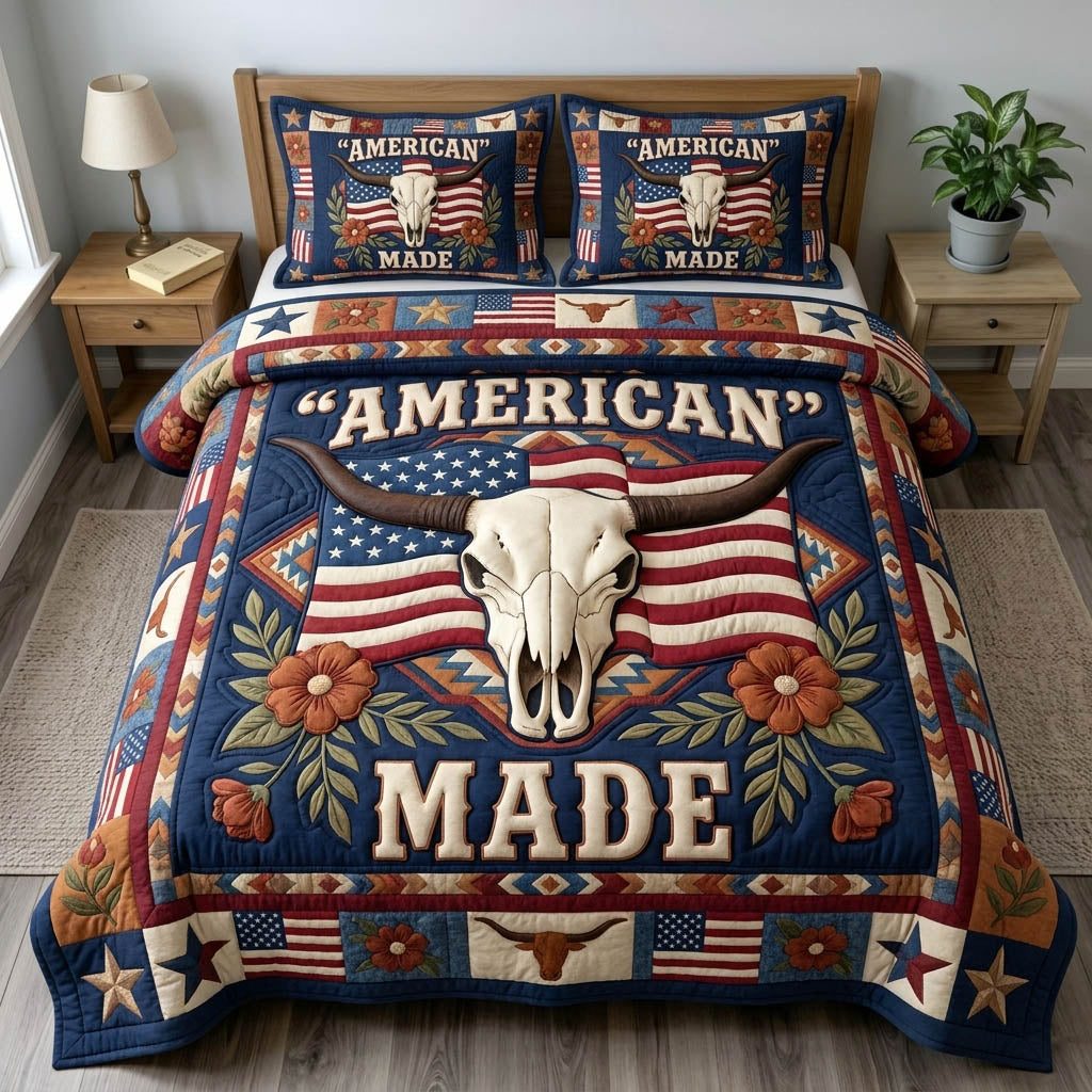 Longhorn Skull quilted 3-piece bedding set on a made bed against a dark styled interior