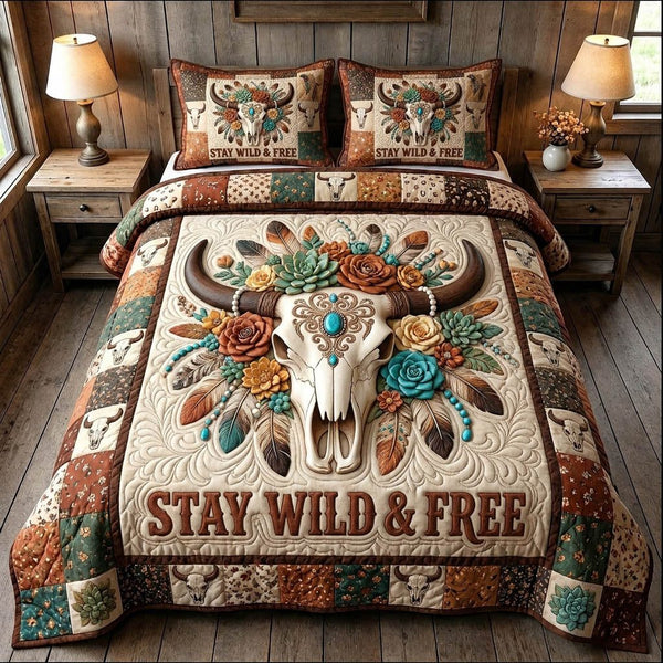 Longhorn Skull quilted 3-piece bedding set on a made bed against a dark styled interior