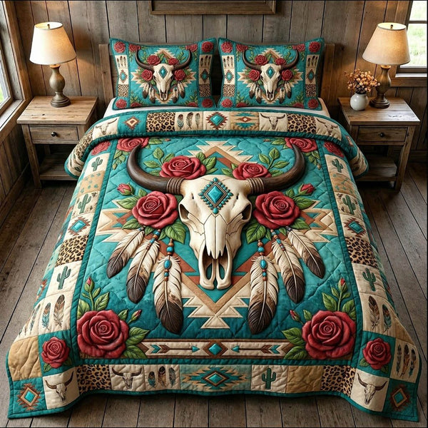 Longhorn Skull quilted 3-piece bedding set on a made bed against a dark styled interior