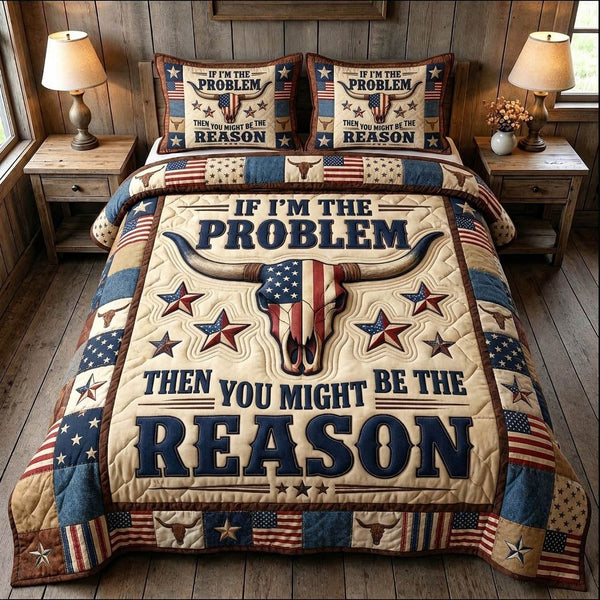 Longhorn Skull quilted 3-piece bedding set on a made bed against a dark styled interior