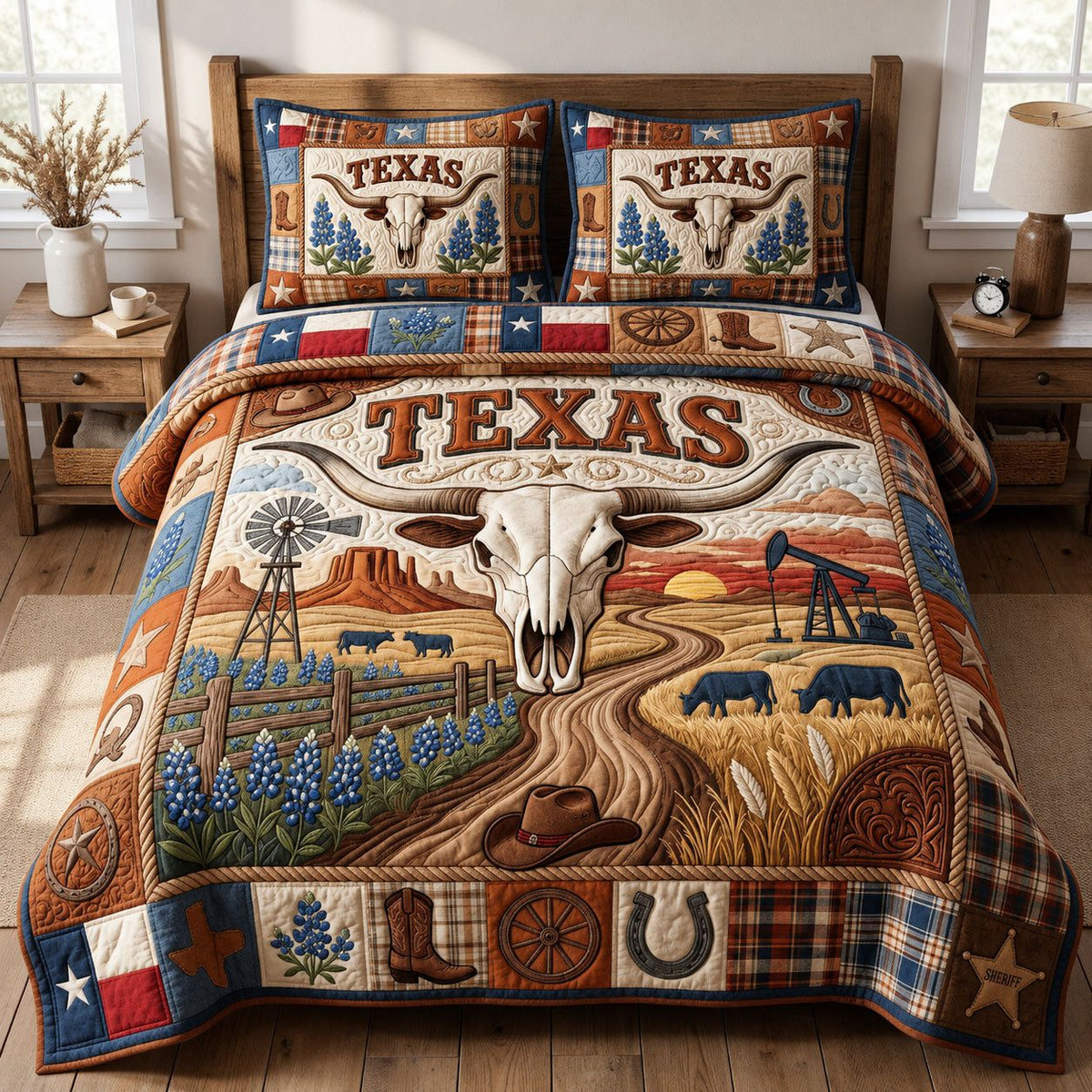 Longhorn Skull quilted 3-piece bedding set on a made bed against a dark styled interior