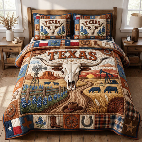 Longhorn Skull quilted 3-piece bedding set on a made bed against a dark styled interior