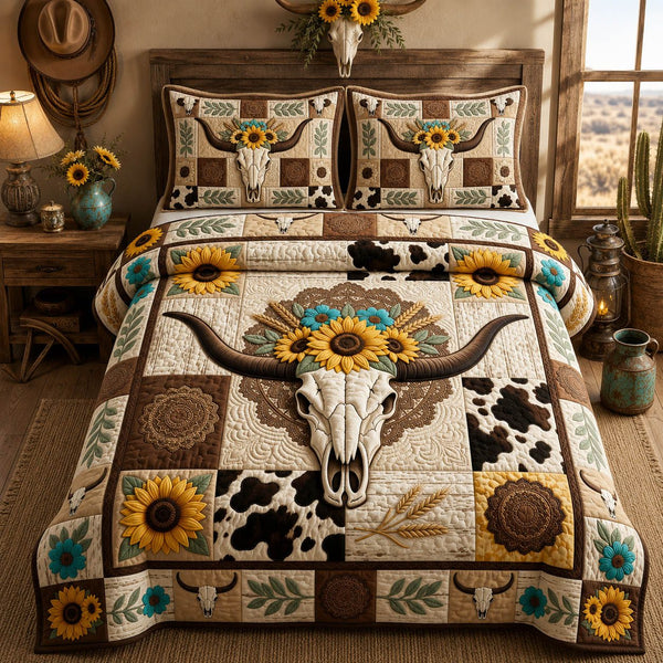 Longhorn Sunflower Farmhouse quilted 3-piece bedding set on a made bed in a rustic timber bedroom