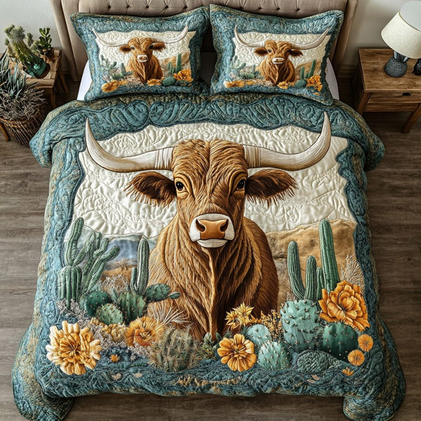 Longhorn Western quilted 3-piece bedding set on a made bed in a rustic timber bedroom