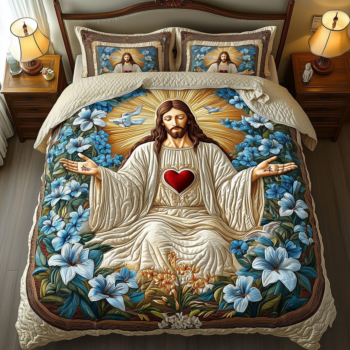 Lord of Heaven quilted 3-piece bedding set on a made bed in a softly lit bedroom
