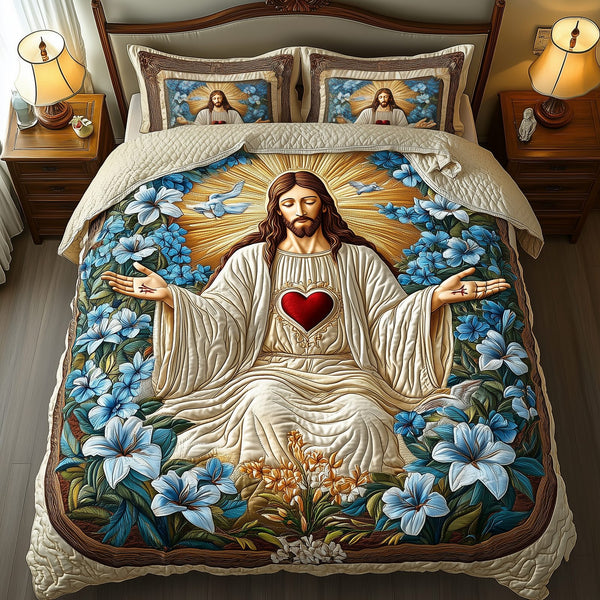 Lord of Heaven quilted 3-piece bedding set on a made bed in a softly lit bedroom