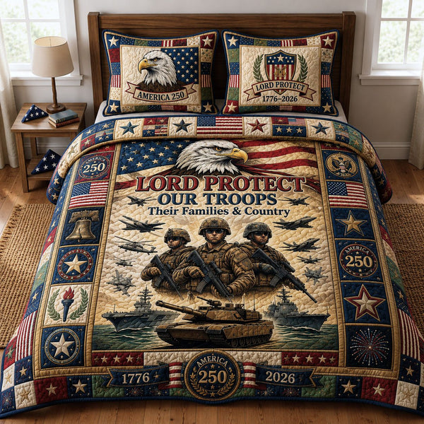 Lord Protect Our Troops quilted 3-piece bedding set on a made bed in a warmly lit bedroom