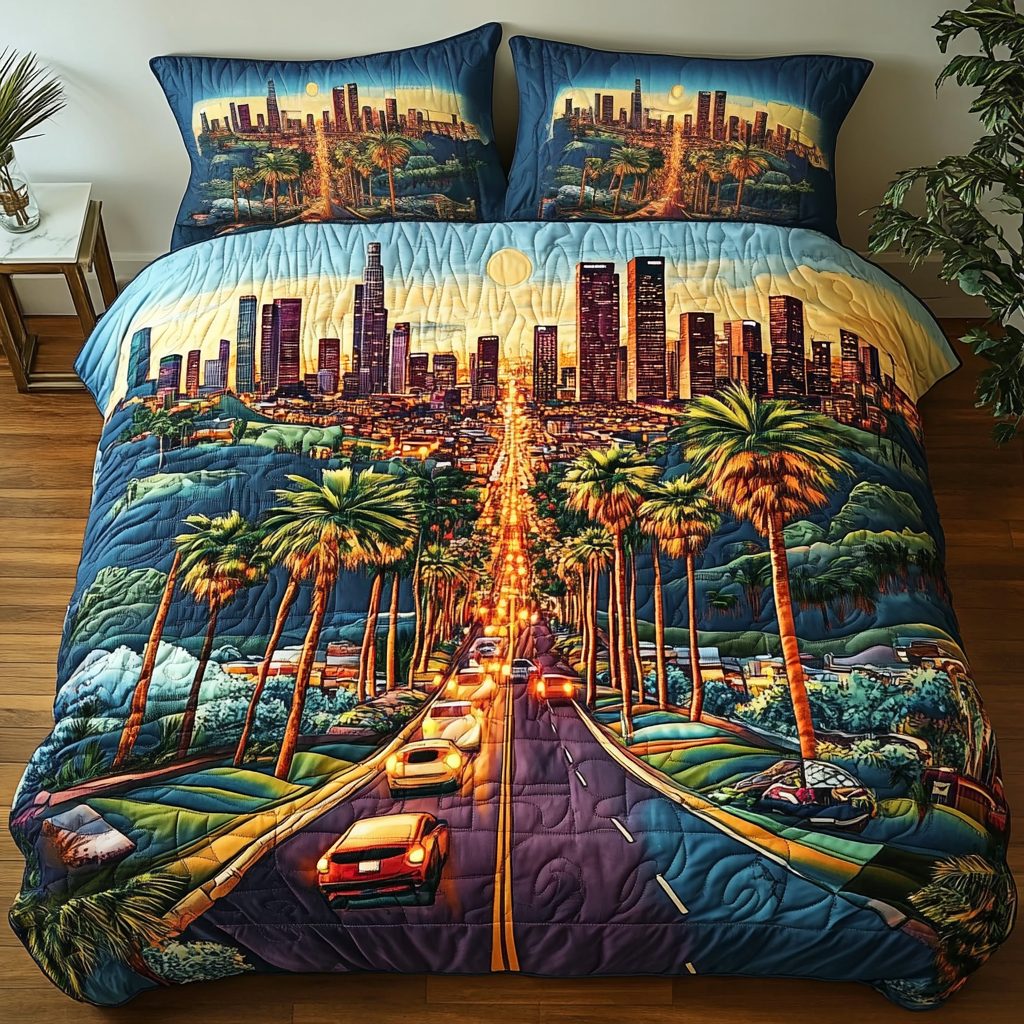 Los Angeles City quilted 3-piece bedding set on a made bed in a softly lit bedroom