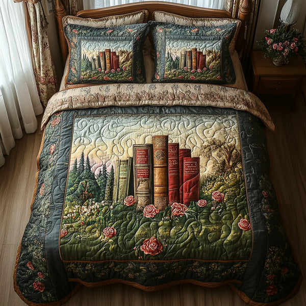 Lost Treasure quilted 3-piece bedding set on a made bed with two matching pillow shams