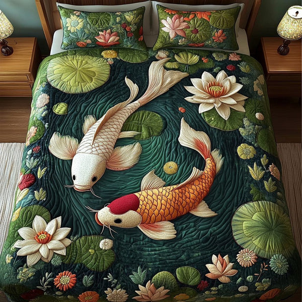 Lotus and Koi quilted 3-piece bedding set on a made bed with two matching pillow shams