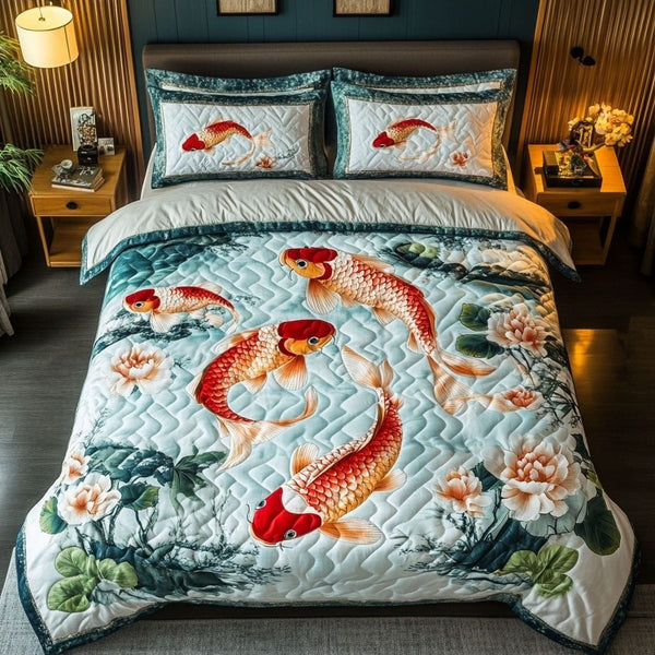 Lotus Beauty quilted 3-piece bedding set on a made bed with two matching pillow shams