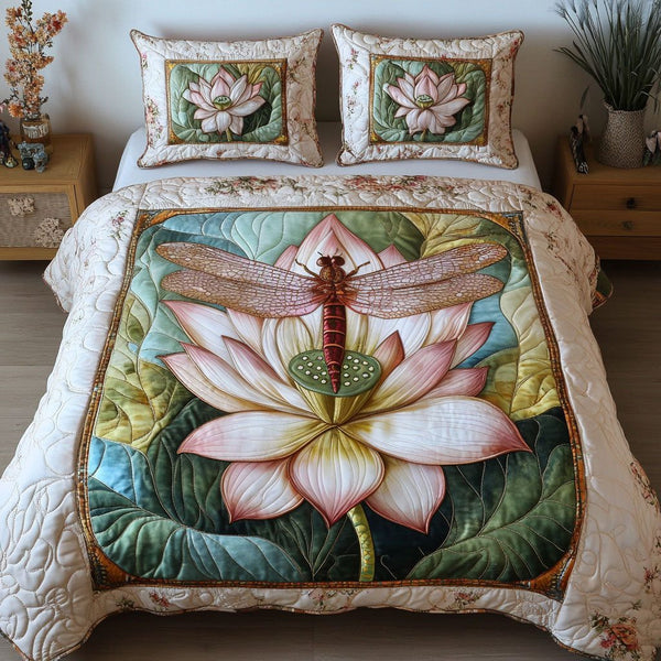 Lotus Dragonfly quilted 3-piece bedding set on a made bed with two matching pillow shams