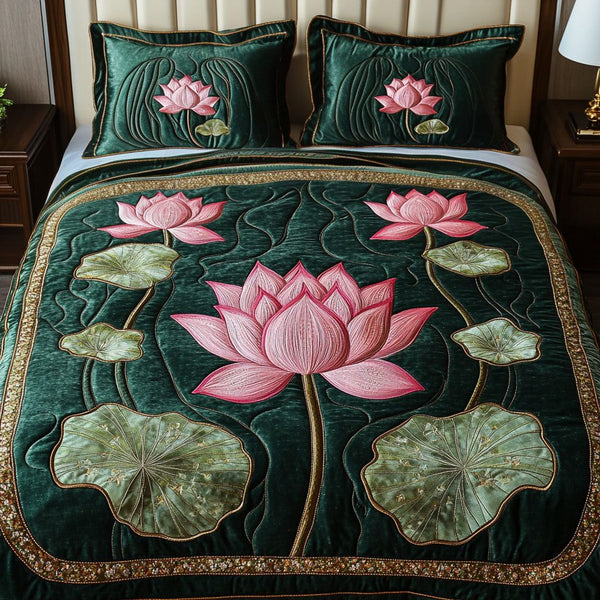 Lotus Glow quilted 3-piece bedding set on a made bed with two matching pillow shams