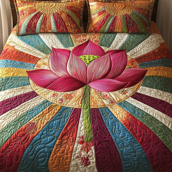 Lotus Grace quilted 3-piece bedding set on a made bed with two matching pillow shams