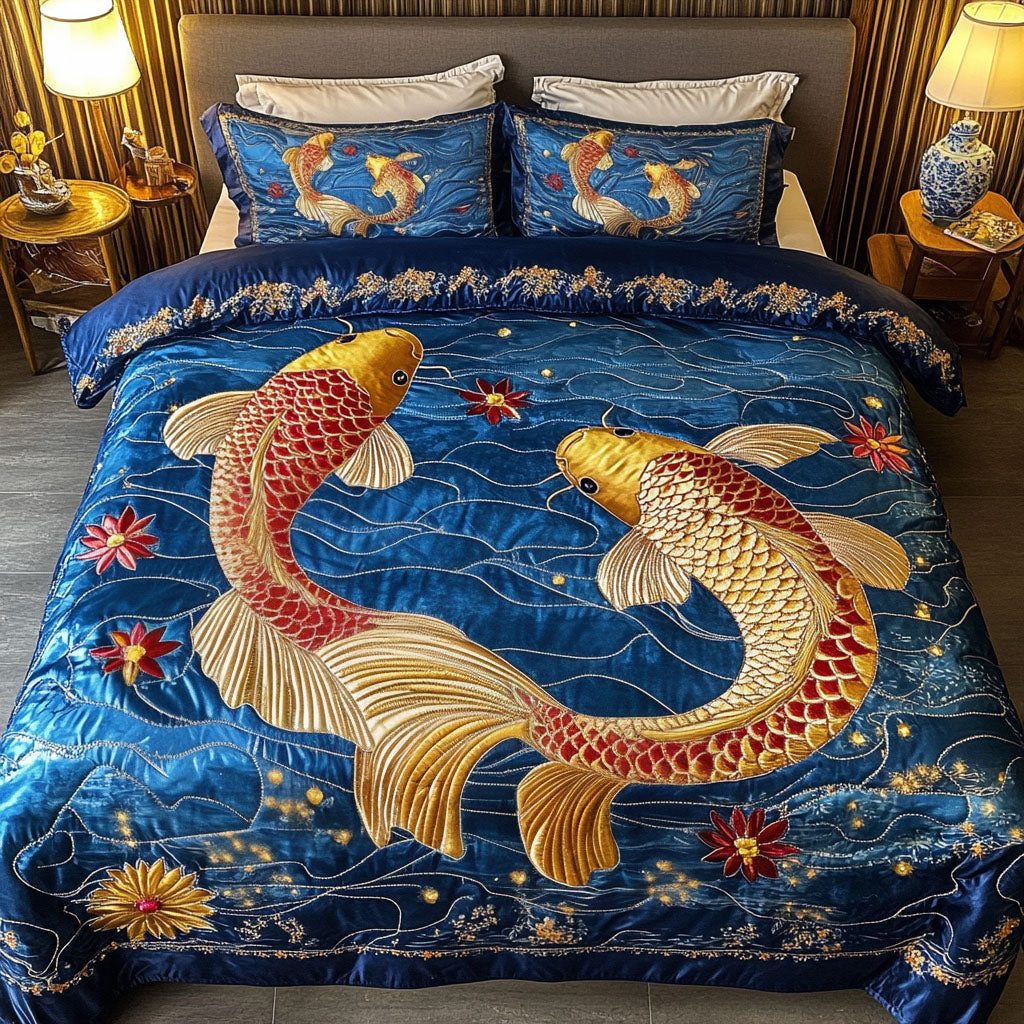 Lotus Harmony quilted 3-piece bedding set on a made bed with two matching pillow shams