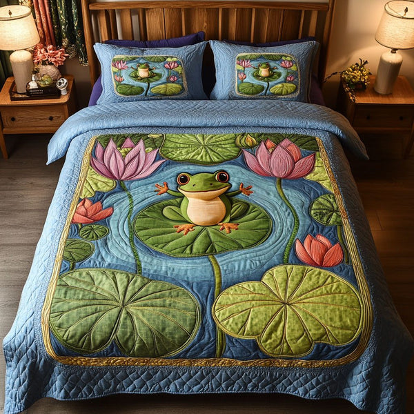 Lotus Joy Frog quilted 3-piece bedding set on a made bed with two matching pillow shams
