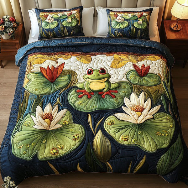 Lotus Leap quilted 3-piece bedding set on a made bed with two matching pillow shams