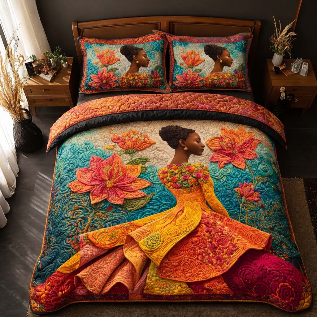 Lotus Muse quilted 3-piece bedding set on a made bed with two matching pillow shams