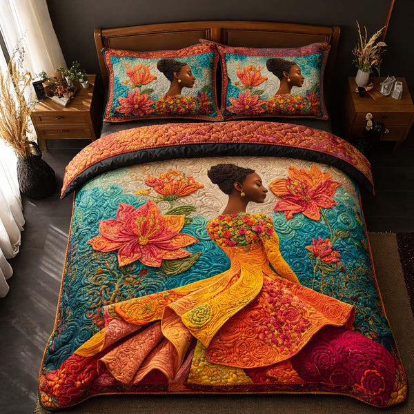 Lotus Muse quilted 3-piece bedding set on a made bed with two matching pillow shams