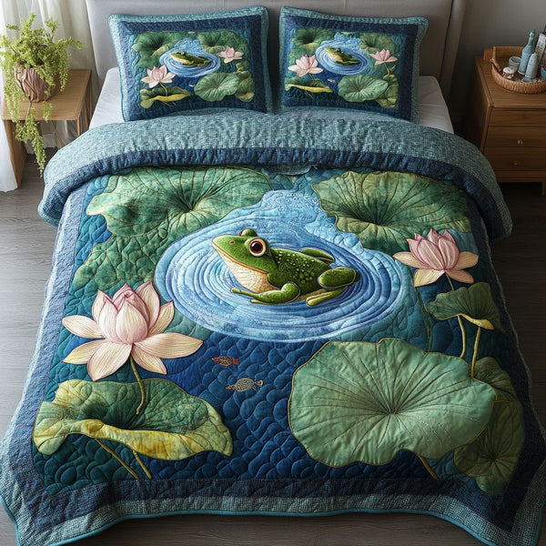 Lotus Pond Frog quilted 3-piece bedding set on a made bed with two matching pillow shams