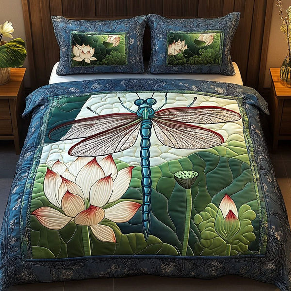 Lotus Serenity Dragonfly quilted 3-piece bedding set on a made bed with two matching pillow shams
