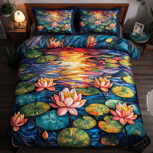 Lotus Serenity quilted 3-piece bedding set on a made bed with two matching pillow shams