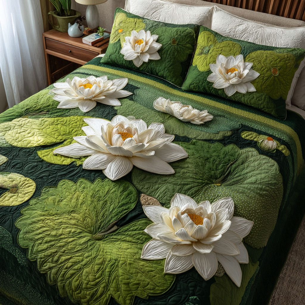 Lotus Whisper quilted 3-piece bedding set on a made bed with two matching pillow shams