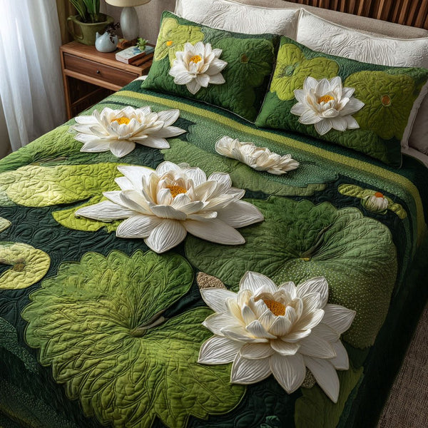 Lotus Whisper quilted 3-piece bedding set on a made bed with two matching pillow shams
