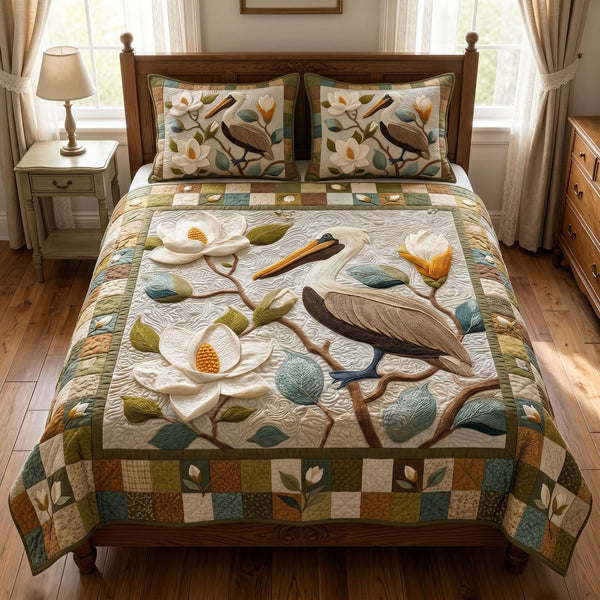 Louisiana Heritage quilted 3-piece bedding set on a made bed in a farmhouse bedroom