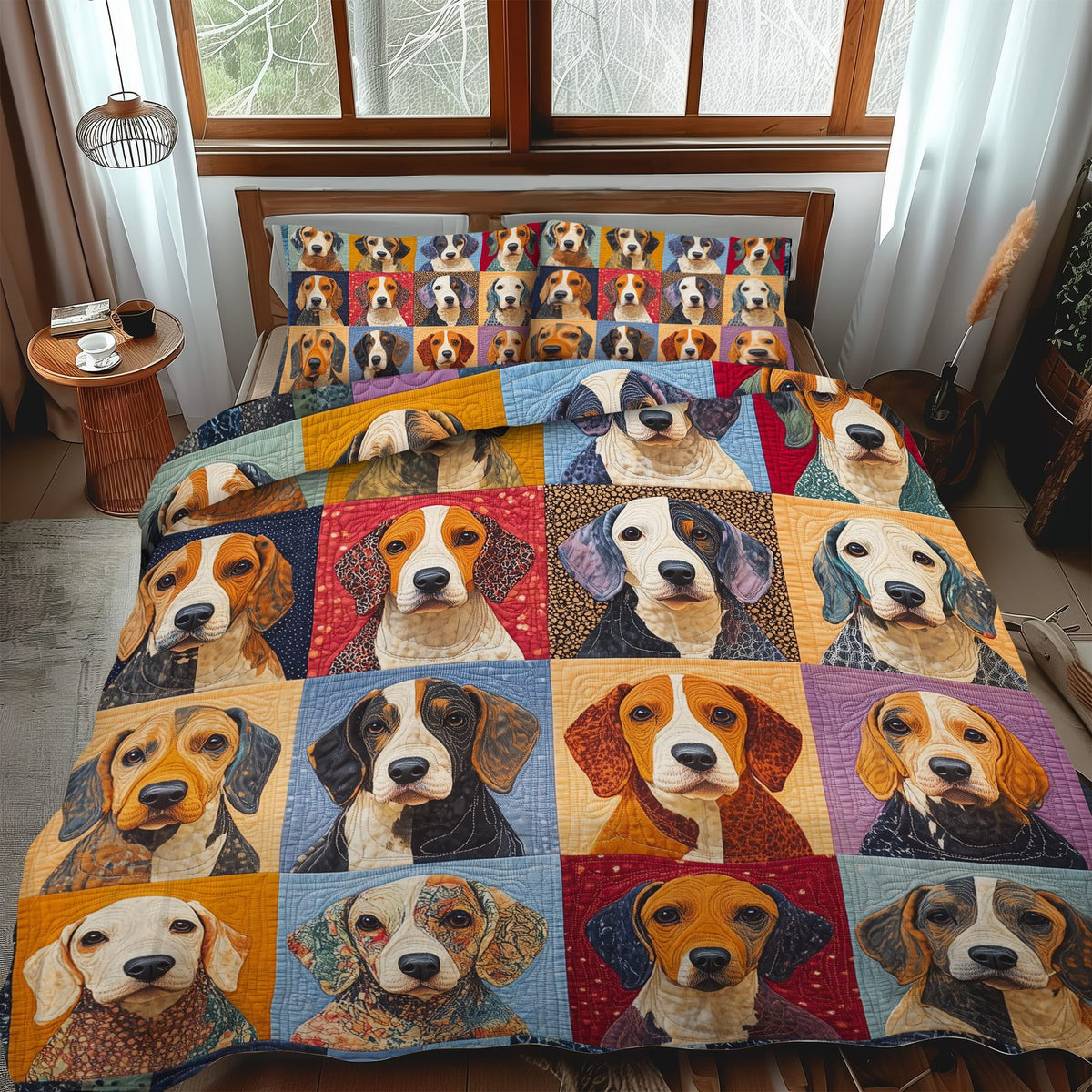 Lovable Beagles quilted 3-piece bedding set on a made bed with two matching pillow shams