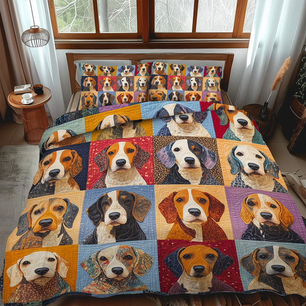 Lovable Beagles quilted 3-piece bedding set on a made bed with two matching pillow shams