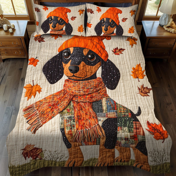 Lovable Dachshunds quilted 3-piece bedding set on a made bed with two matching pillow shams