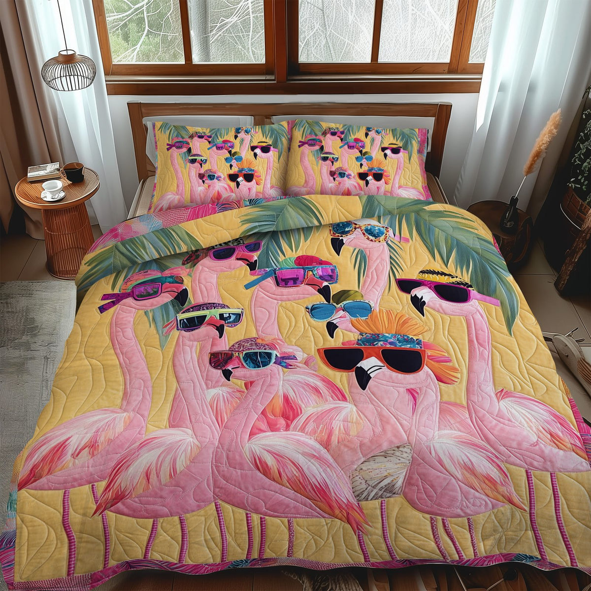 Lovable Flamingo quilted 3-piece bedding set on a made bed with two matching pillow shams