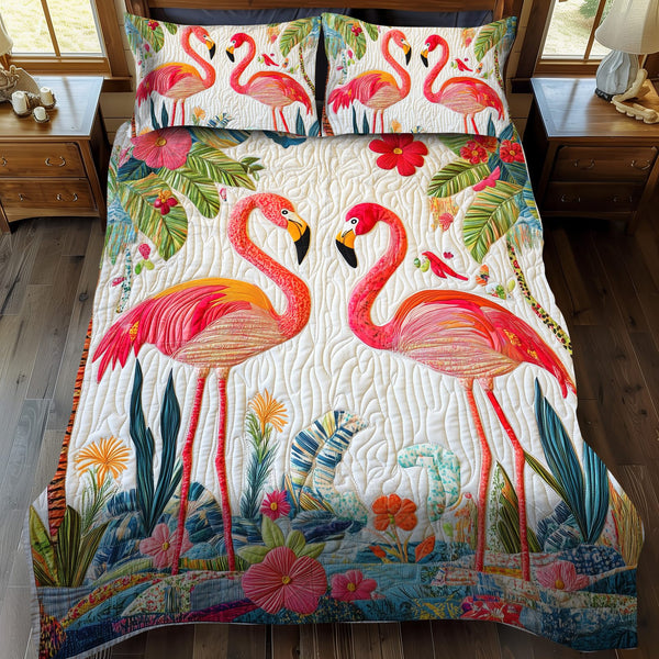 Lovable Flamingo quilted 3-piece bedding set on a made bed with two matching pillow shams