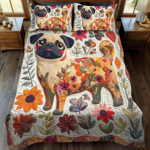 Lovable Pugs quilted 3-piece bedding set on a made bed with two matching pillow shams