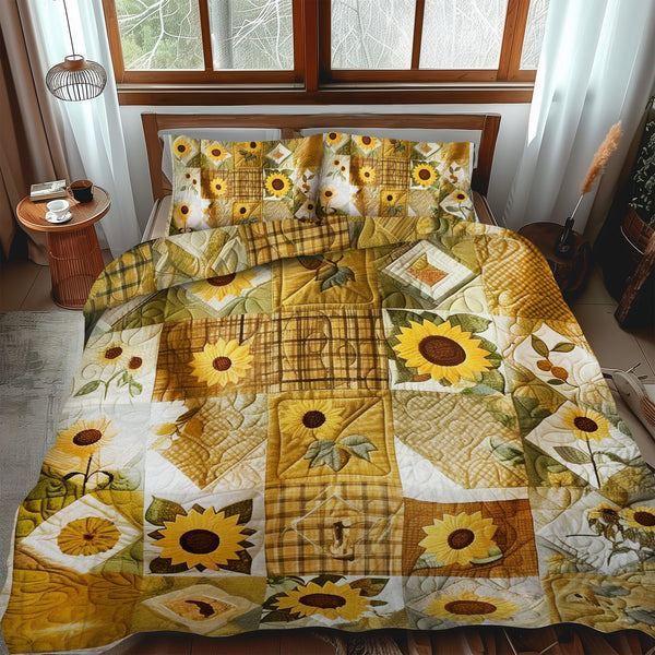 Lovable Sunflowers quilted 3-piece bedding set on a made bed with two matching pillow shams