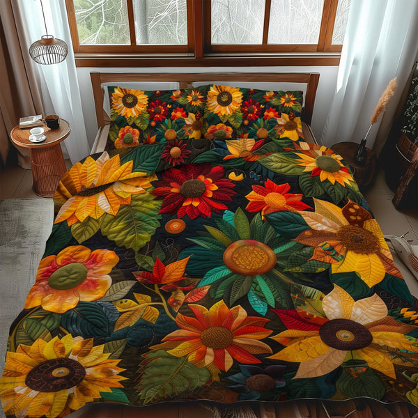 Lovable Sunflowers quilted 3-piece bedding set on a made bed with two matching pillow shams
