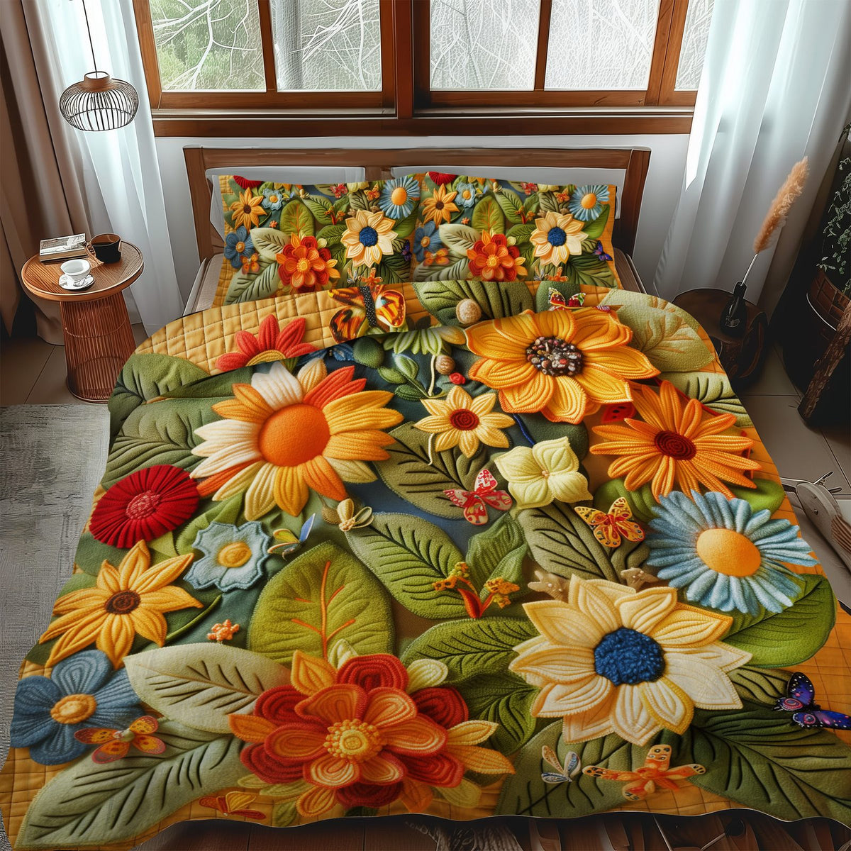 Lovable Sunflowers quilted 3-piece bedding set on a made bed with two matching pillow shams