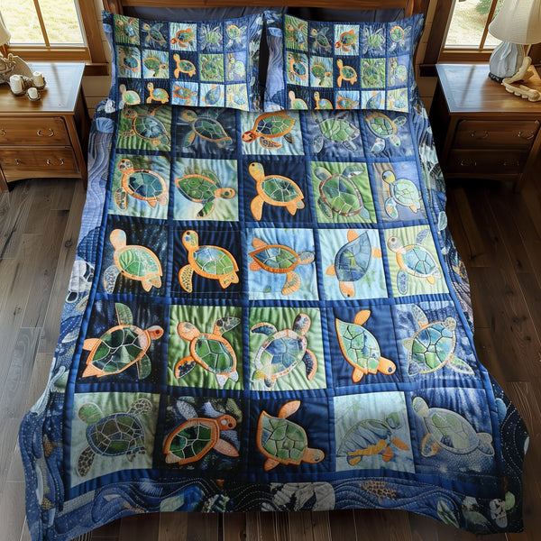 Lovable Turtles quilted 3-piece bedding set on a made bed in a light coastal bedroom