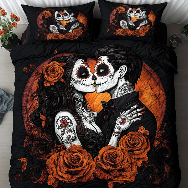 Love Afterlife quilted 3-piece bedding set on a made bed with two matching pillow shams