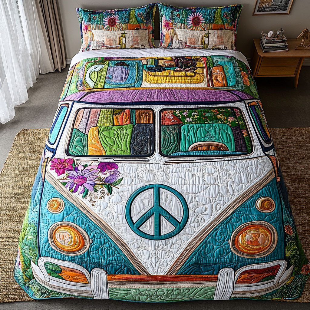 Love and Adventure quilted 3-piece bedding set on a made bed in a winter-styled bedroom