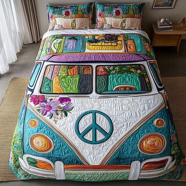 Love and Adventure quilted 3-piece bedding set on a made bed in a winter-styled bedroom