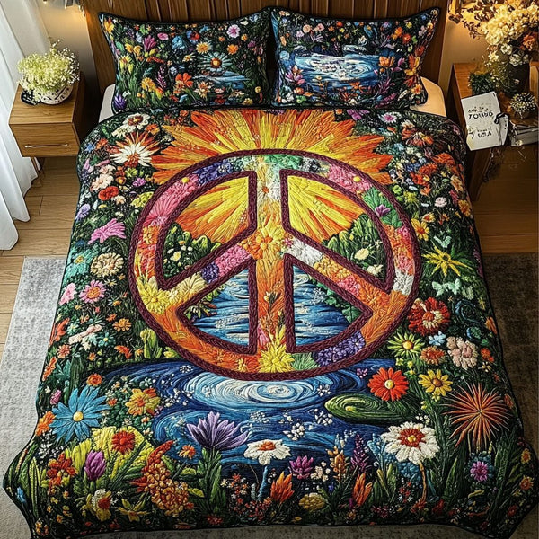 Love and Light quilted 3-piece bedding set on a made bed with two matching pillow shams