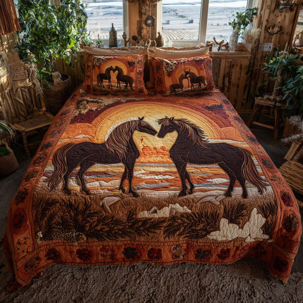 Love Beneath the Golden Sun quilted 3-piece bedding set on a made bed with two matching pillow shams