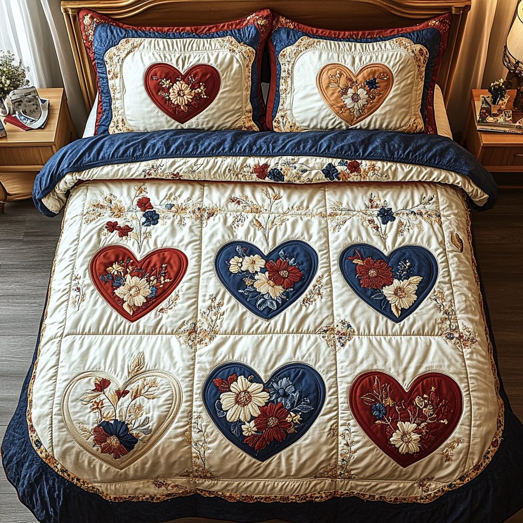 Love Bloom quilted 3-piece bedding set on a made bed with two matching pillow shams