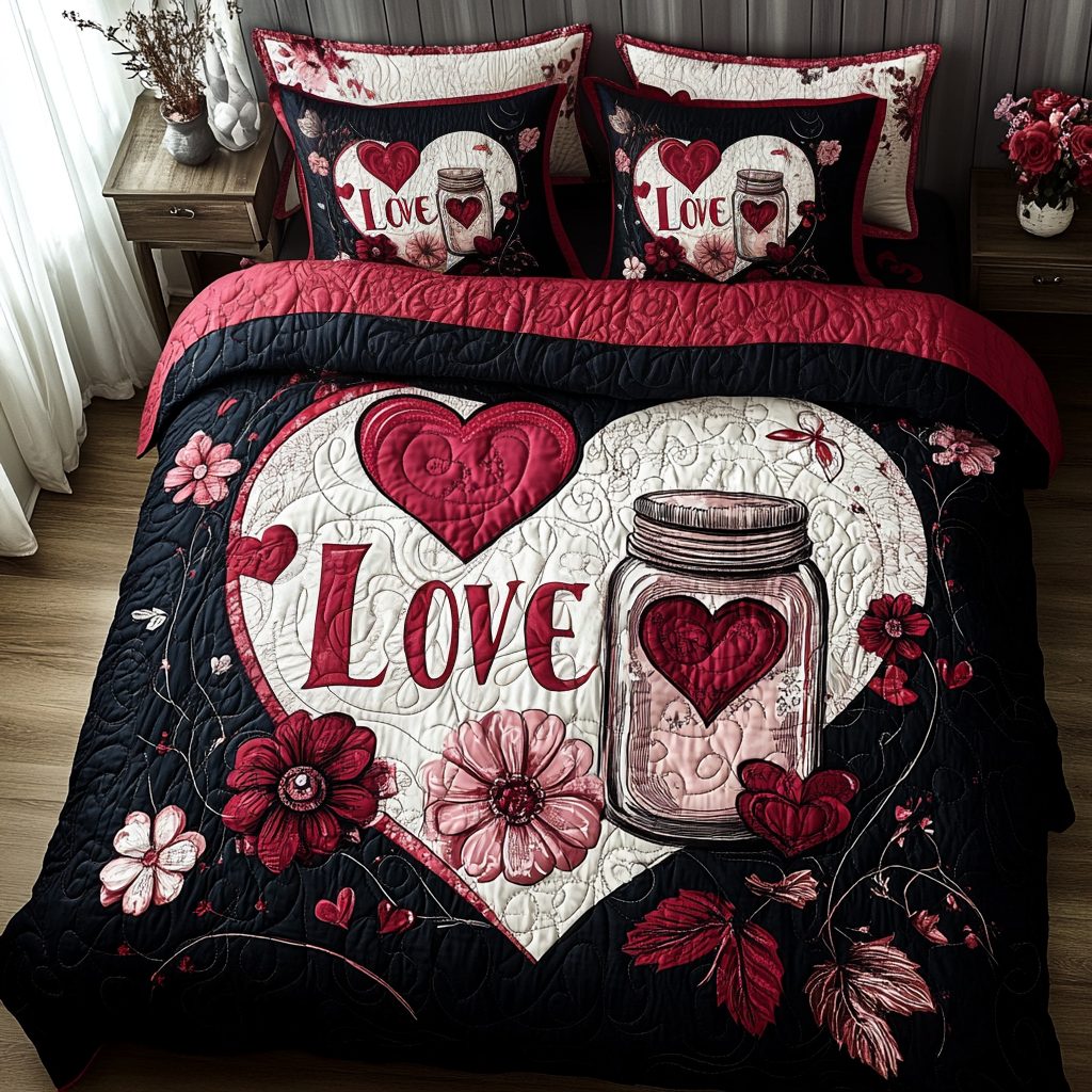 Love Blossom Quilt quilted 3-piece bedding set on a made bed with two matching pillow shams