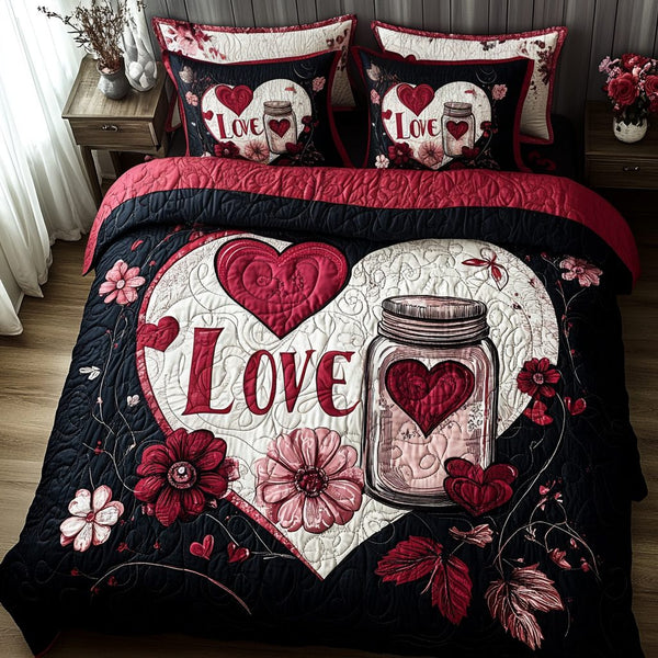Love Blossom Quilt quilted 3-piece bedding set on a made bed with two matching pillow shams
