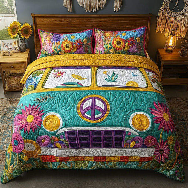 Love Bug quilted 3-piece bedding set on a made bed with two matching pillow shams